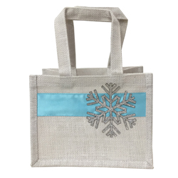 100% Burlap or Jute Bag White with Blue Snowflake